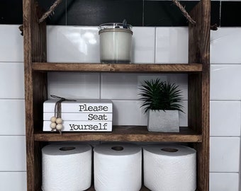 Rustic Bathroom Shelves, Bathroom Decor, Over The Toilet Shelf, Farmhouse Style Storage, Small Bathroom Shelf, Coastal Rope Wall Wood Shelf