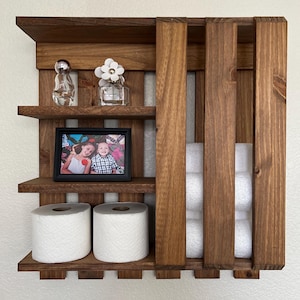 Farmhouse Bathroom Shelf – Rustic Over‑the‑Toilet Storage with Hook, Toilet Paper Holder, Handmade Wooden Decor