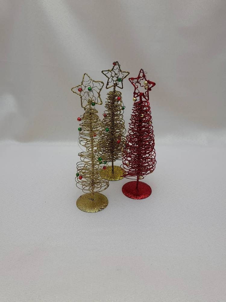 Christmas Ornaments 3pc Red Glitter Christmas Trees 5 1/2" With Strings 143C 