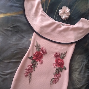 Pink Dress Off Shoulder Rose Applique by Papaya Pinup Rockabilly Vibes