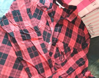 Victoria's Secret Pajama Set Plaid Button Front Red/Black Cotton Modal VS Sleep