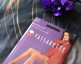 Vintage Vassarette Her Secret Silky Sheer Thigh Highs Black Nylon Medium Thigh High Pantyhose Nylons