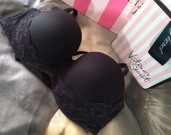 34D Victoria's Secret Body By Victoria Lined Strapless Black Lace Nylon VS Bra