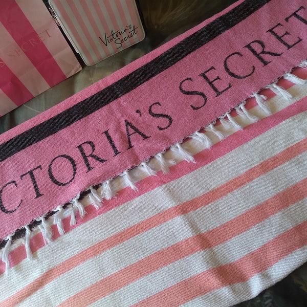 Victoria's Secret Beach Blanket 100% Cotton Throw Pink Stripe VS Logo