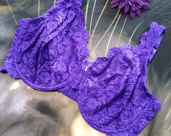 38DD Smart & Sexy Bra Blue Violet Purple Bow Bling Nylon Lace Bra