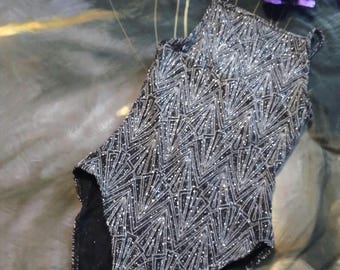 H&M Divided Bodysuit xs Black Silver Sparkly Metallic High Neck Snap Bottom New With Tag
