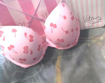 32DD Victoria's Secret PINK Push Up Bra Pink Red Cherry Hearts Logo VS PINK Bra