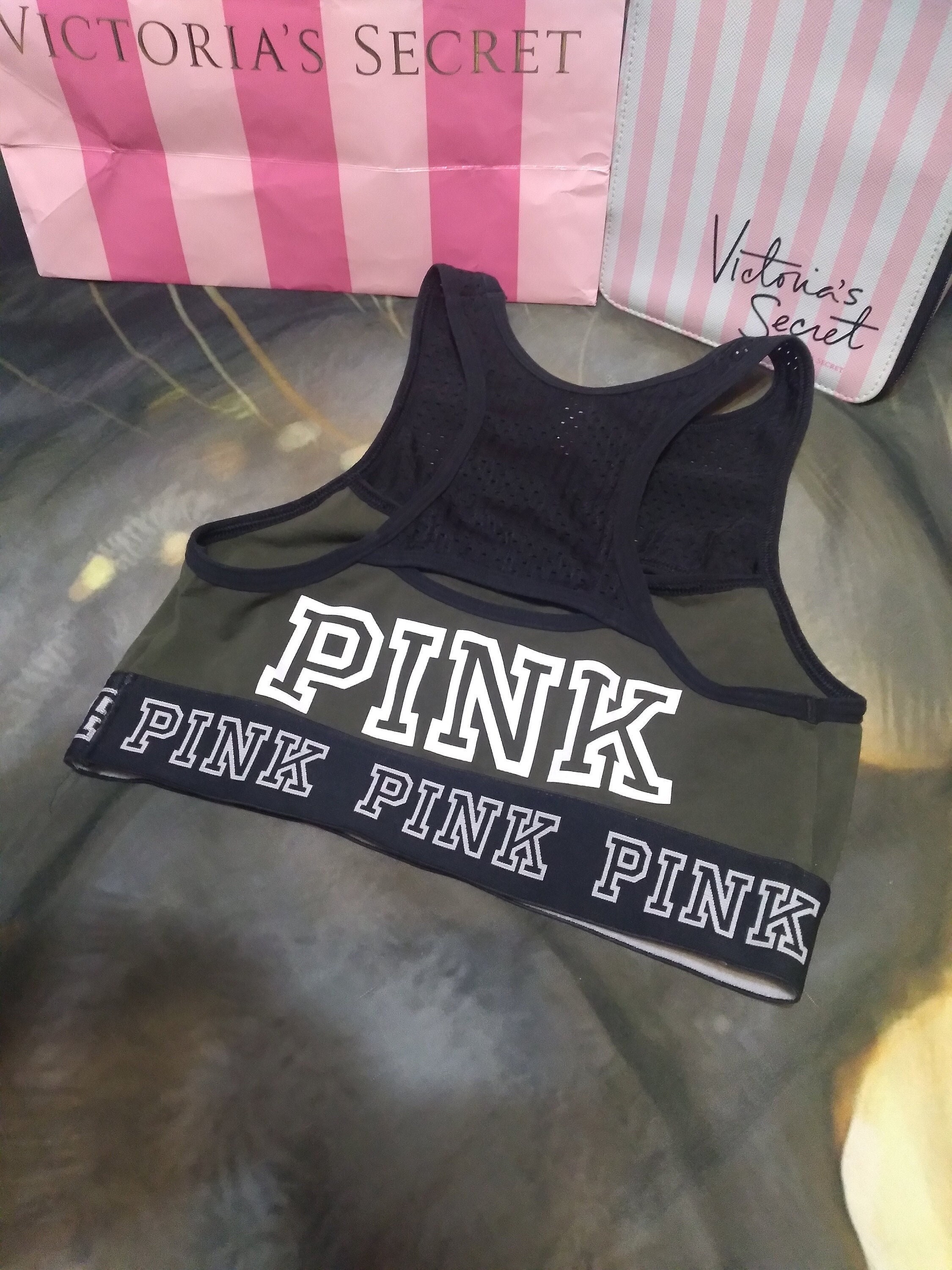 Victoria's Secret PINK Crop Top Tank Sports Bra Black Mesh Army