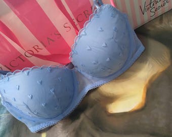 36C Victoria's Secret PINK Bra Lightly Lined Balconette Blue Hearts Bows VS PINK Bra