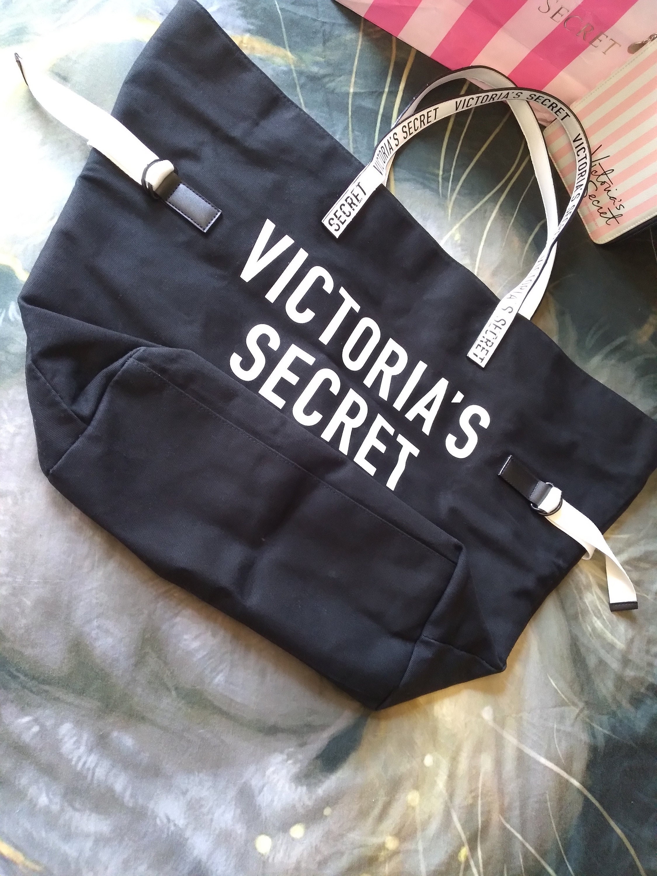 Nwt Victoria\'s Secret Tie Up Tote Book Bag Victorias Secret Weekender Bag Black White Pink Stripe  main image 3