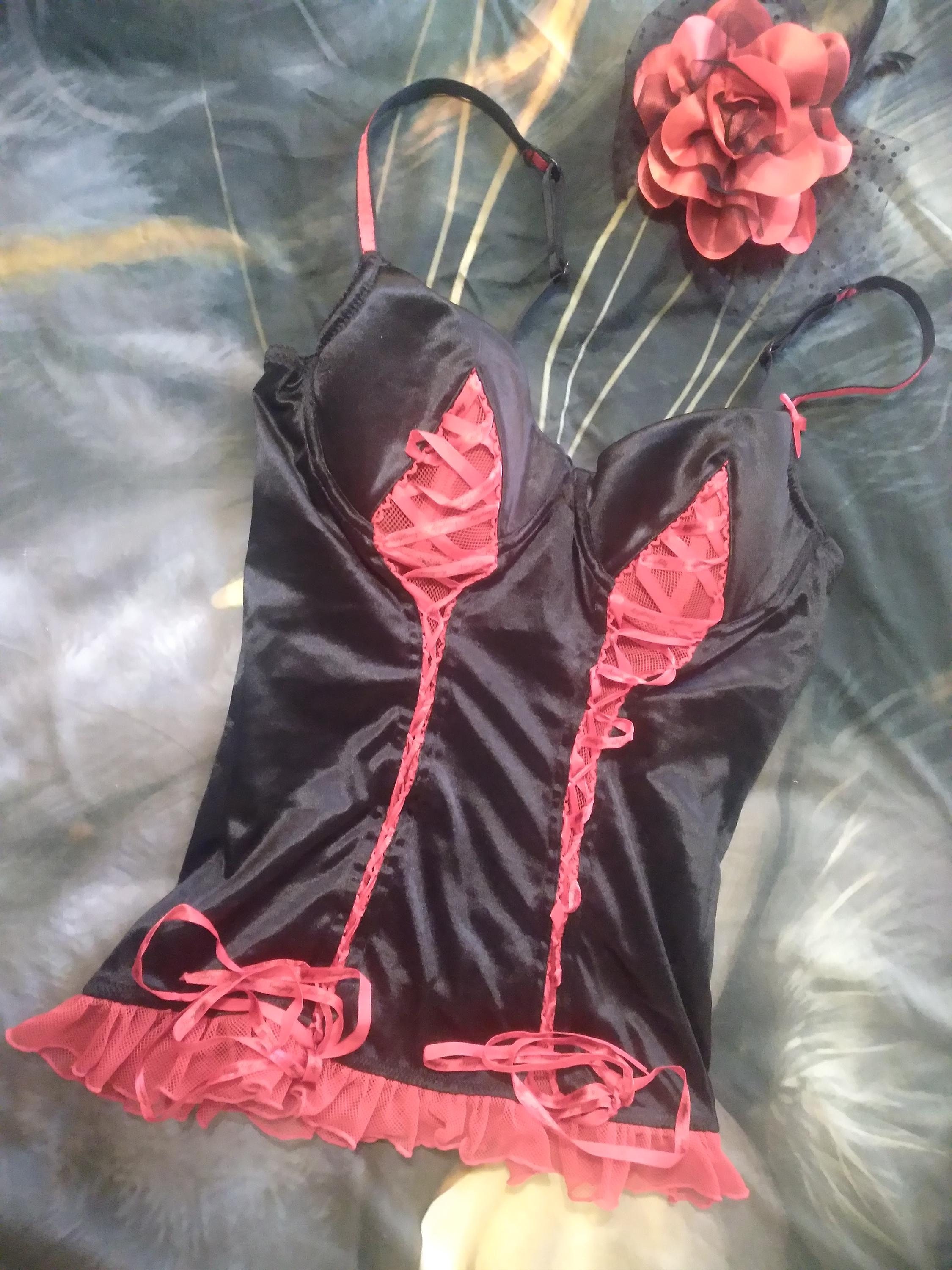 36B Native Intimates Bustier Black Red Nylon Mesh 