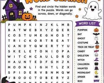 May include: A Halloween word search puzzle sheet featuring a grid of letters, a word list with icons, and illustrations of a purple house, a ghost, a pumpkin, a black cat, and a person in a witch costume holding a broomstick.