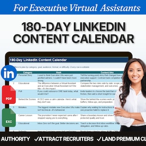 May include: A 180-day LinkedIn content calendar for executive virtual assistants, featuring a digital spreadsheet display with categories, hooks, and content ideas, alongside icons for LinkedIn, PDF, and Excel file formats.