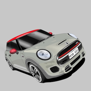 May include: A silver gray Mini Cooper with a red roof and red accents. The car has a black grill and black headlights. The license plate reads "M18 GDJ".