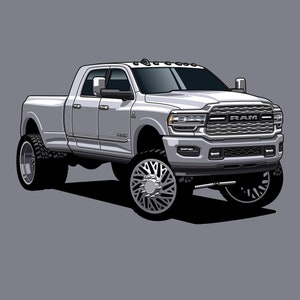 May include: A silver Ram pickup truck with large wheels and a black grille. The truck has a black bumper and a black step bar. The truck is on a gray background.