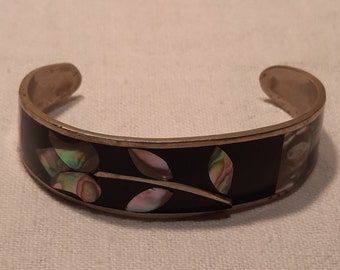 Vintage Mexican Small Sterling Silver Cuff Bracelet with Abalone Floral Inlay set in Black Enamel, circa 1970's