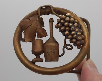 Vintage Handcrafted Brass Belt Buckle, Vineyard Grape Cluster and E&J Etched Wine Bottle, circa 1960s
