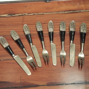 Vintage Thailand (Siam) Appetizer Knife and Fork Set, Rosewood and Nickel Bronze, circa 1950s