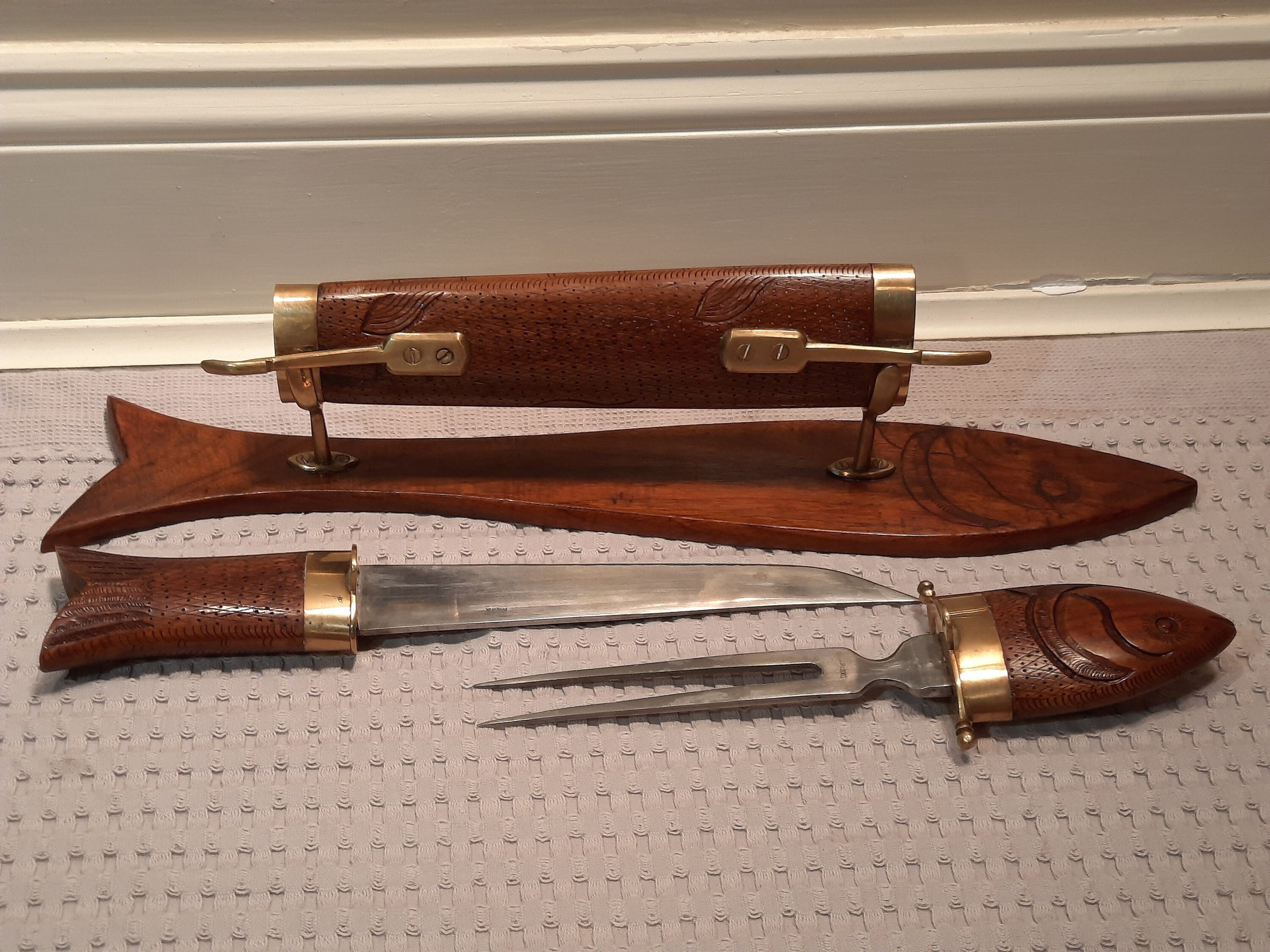 Vintage Wood and Brass Fish Shaped Steel Carving Set With