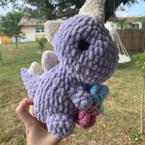 Lavender Crochet Dino with Flowers,  T-Rex Crochet Plush, Purple Dinosaur with bouquet