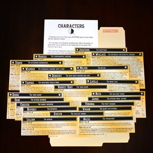 May include: Character cards for a murder mystery party, including roles such as 'The Butler' and 'The Heiress'. The cards are laid out on a dark surface, with a title card that says 'Characters'.
