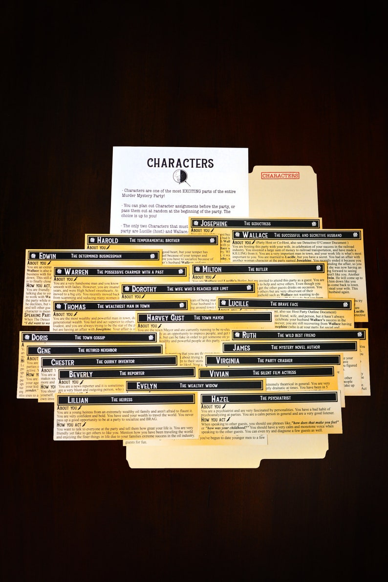 May include: Character cards for a murder mystery party, including roles such as 'The Butler' and 'The Heiress'. The cards are laid out on a dark surface, with a title card that says 'Characters'.