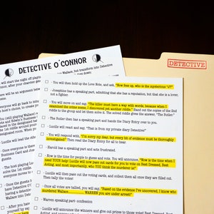 May include: A manila folder labelled "DETECTIVE" with two sheets of paper and a detective-themed checklist. The papers contain text about a detective game. The text is highlighted in yellow.