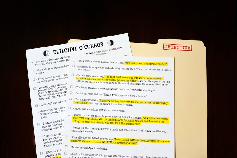 May include: A manila folder labelled "DETECTIVE" with two sheets of paper and a detective-themed checklist. The papers contain text about a detective game. The text is highlighted in yellow.