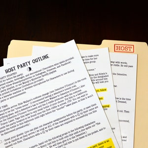 May include: A manila folder marked "HOST" containing several sheets of paper. The papers have text, including "HOST PARTY OUTLINE" and instructions for a party game. The text is highlighted with yellow markers.