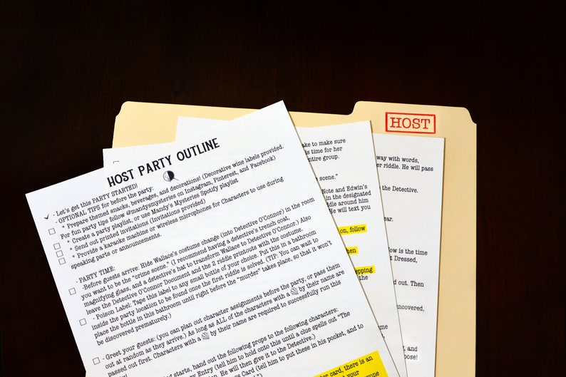 May include: A manila folder marked "HOST" containing several sheets of paper. The papers have text, including "HOST PARTY OUTLINE" and instructions for a party game. The text is highlighted with yellow markers.