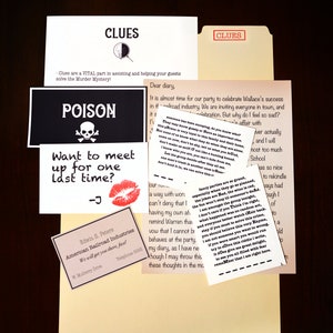 May include: A selection of paper clues for a murder mystery game. Includes a "POISON" sign with a skull, a note with a kiss mark, and a business card for American Railroad Industries. The word "CLUES" is visible.
