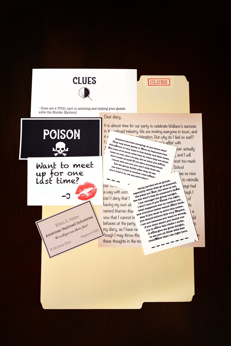 May include: A selection of paper clues for a murder mystery game. Includes a "POISON" sign with a skull, a note with a kiss mark, and a business card for American Railroad Industries. The word "CLUES" is visible.