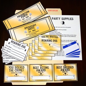 May include: Party supplies for a Roaring 20s murder mystery event. Includes invitations, voting cards, and award cards. The design features text like "Prohibition Punch" and "Speakeasy Shots" in black, white, and gold.