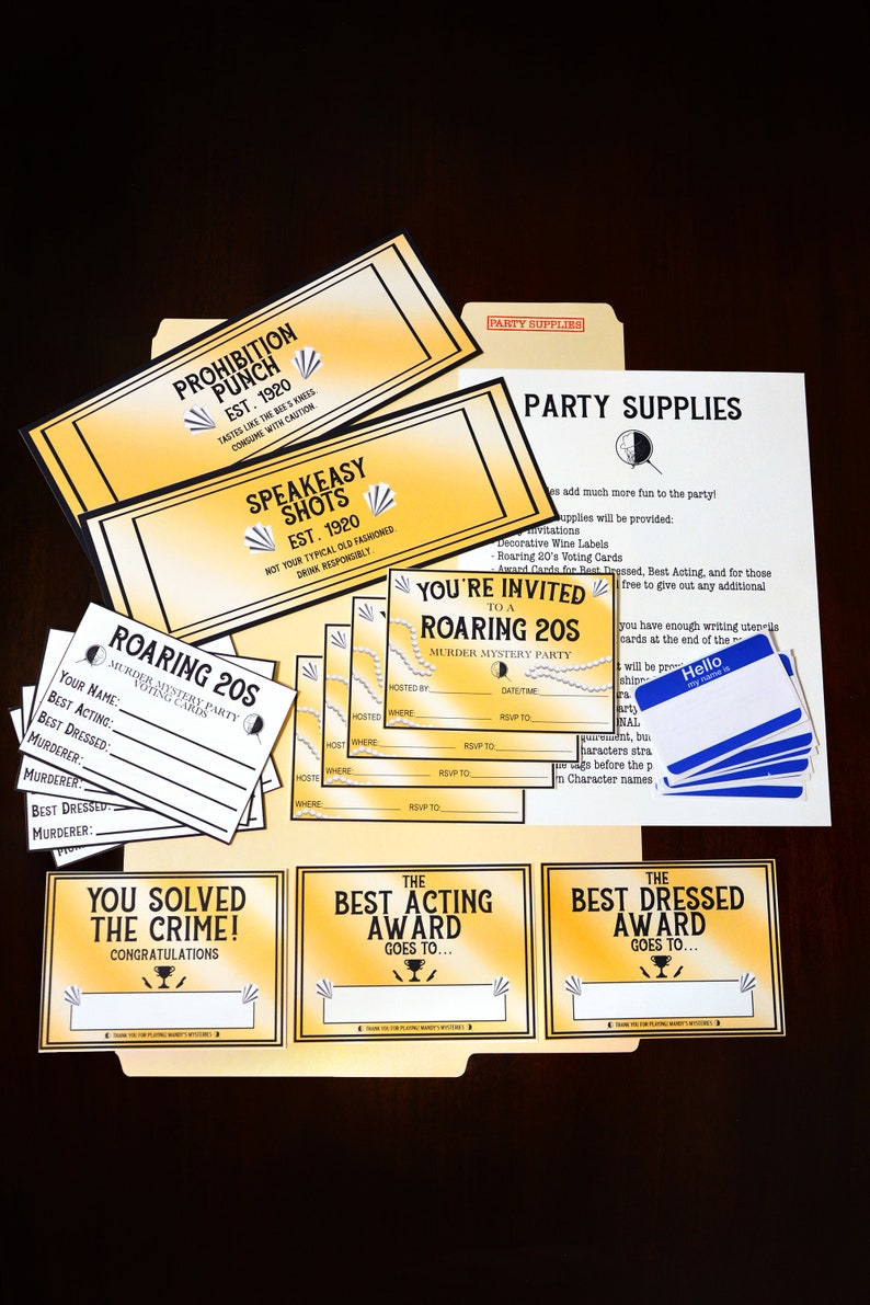 May include: Party supplies for a Roaring 20s murder mystery event. Includes invitations, voting cards, and award cards. The design features text like "Prohibition Punch" and "Speakeasy Shots" in black, white, and gold.