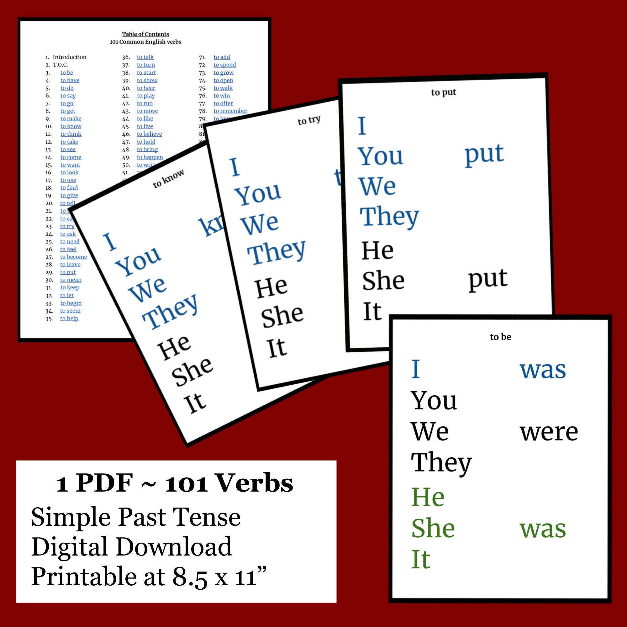 101 Common English Verbs Simple Past Tense Printable Wall - Etsy