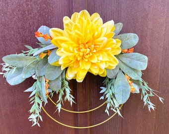 Handmade Dual Hoop Door Wreath Featuring a Radiant Yellow Dahlia