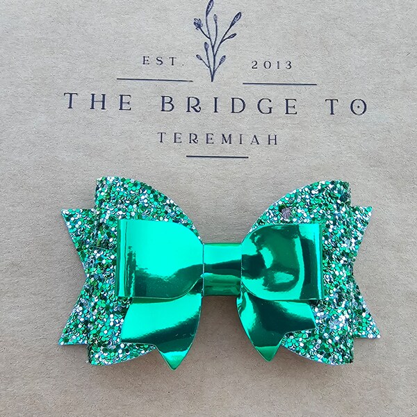 Big Bow, Glitter Bow, Baby Bow, Headband for Baby, Hair Bow for Girl, Sparkle Bows, Bow Barrett, Bow Clip, Hair Clip, Green Bow, Girls Bow