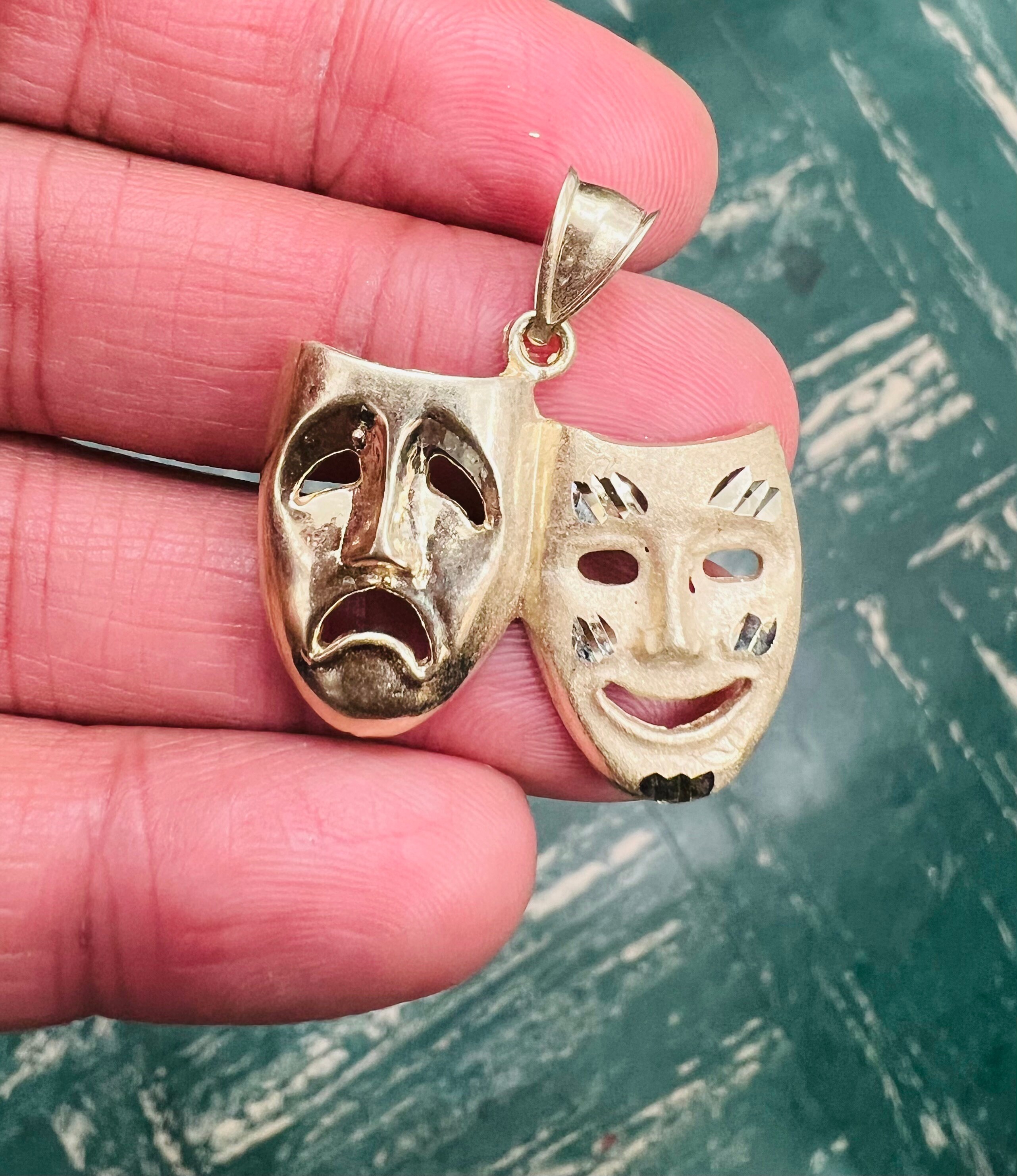 10K Yellow Gold Comedy Tragedy Mask Pendant, Drama Masks Pendant, Human Face Pendant, Crying