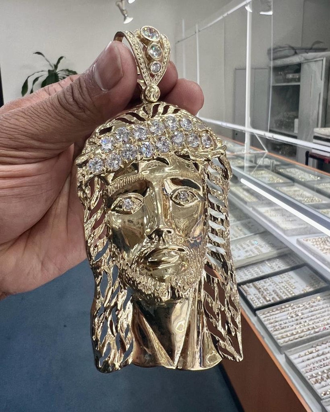 10K Yellow Gold Diamond Small Mini Jesus Face Pendant 0.95" Pave Charm 1/3 CT. - JFL Diamonds & Timepieces