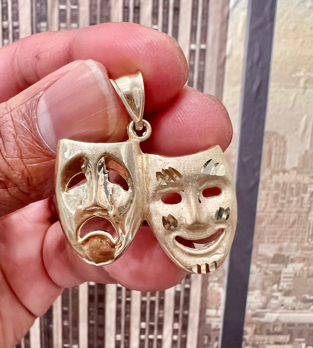 10K Yellow Gold Comedy Tragedy Mask Pendant, Drama Masks Pendant, Human Face Pendant, Crying
