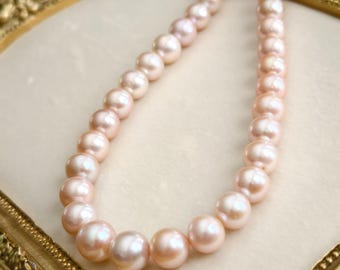High-Luster 10-12mm Freshwater Pearl Necklace Natural Flesh-Pink Color - Sterling Silver Clasp with Zircon