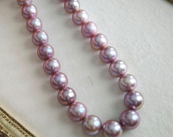 High-Luster 10-13mm Flawless Round Freshwater Pearl Necklace Natural Pink-Lavender Color - Sterling Silver Clasp with Zircon