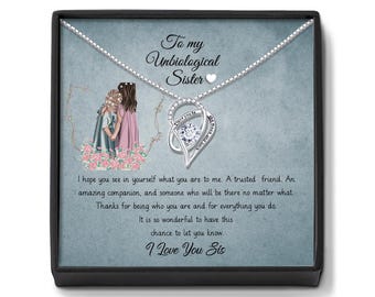 Collier soeur non biologique : pendentif coeur diamant, cadeau d'amitié