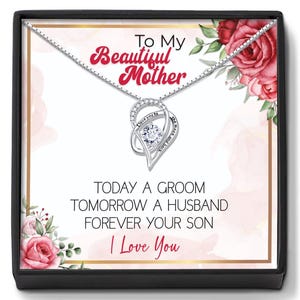 Cadeau de mariage pour maman de son fils, cadeau de dîner de répétition pour maman, cadeau de mariage pour maman, collier en argent, carte message, cadeau de son fils pour la mère du marié