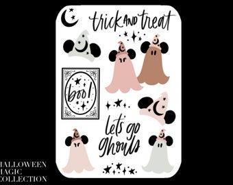 May include: A set of Halloween themed stickers featuring ghosts, stars, and the text "trick and treat", "boo!" and "let's go ghouls".