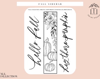 Puede incluir: Diseño imprimible en blanco y negro con el texto "Hello Fall" y "Hey There Pumpkin" con ilustraciones de calabazas y elementos florales.