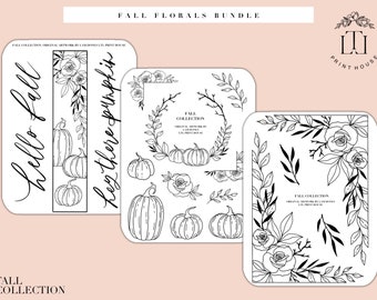Puede incluir: Una descarga digital de ilustraciones en blanco y negro con elementos de otoño, incluyendo calabazas, hojas y coronas de flores. El texto "Hello Fall" y "Hey There Pumpkin" está incluido en el diseño.