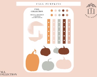 Puede incluir: Pegatinas digitales para planificadores con temática de otoño que presentan varios diseños de calabazas en naranja, marrón y blanco. Las pegatinas también incluyen una variedad de patrones de lunares en naranja, marrón, blanco y gris.
