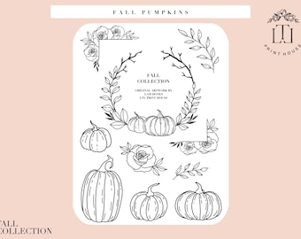 Puede incluir: Ilustraciones en blanco y negro de calabazas, hojas y flores en líneas. El texto "FALL COLLECTION" y "FALL PUMPKINS" también está incluido. El texto "ORIGINAL ARTWORK BY LAMEKINES LTI. PRINT HOUSE" está incluido.