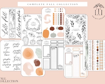 Puede incluir: Un conjunto de pegatinas de planificador imprimibles con temática otoñal con calabazas, hojas y diseños florales. Las pegatinas son en blanco y negro e incluyen el texto "Colección Otoño".